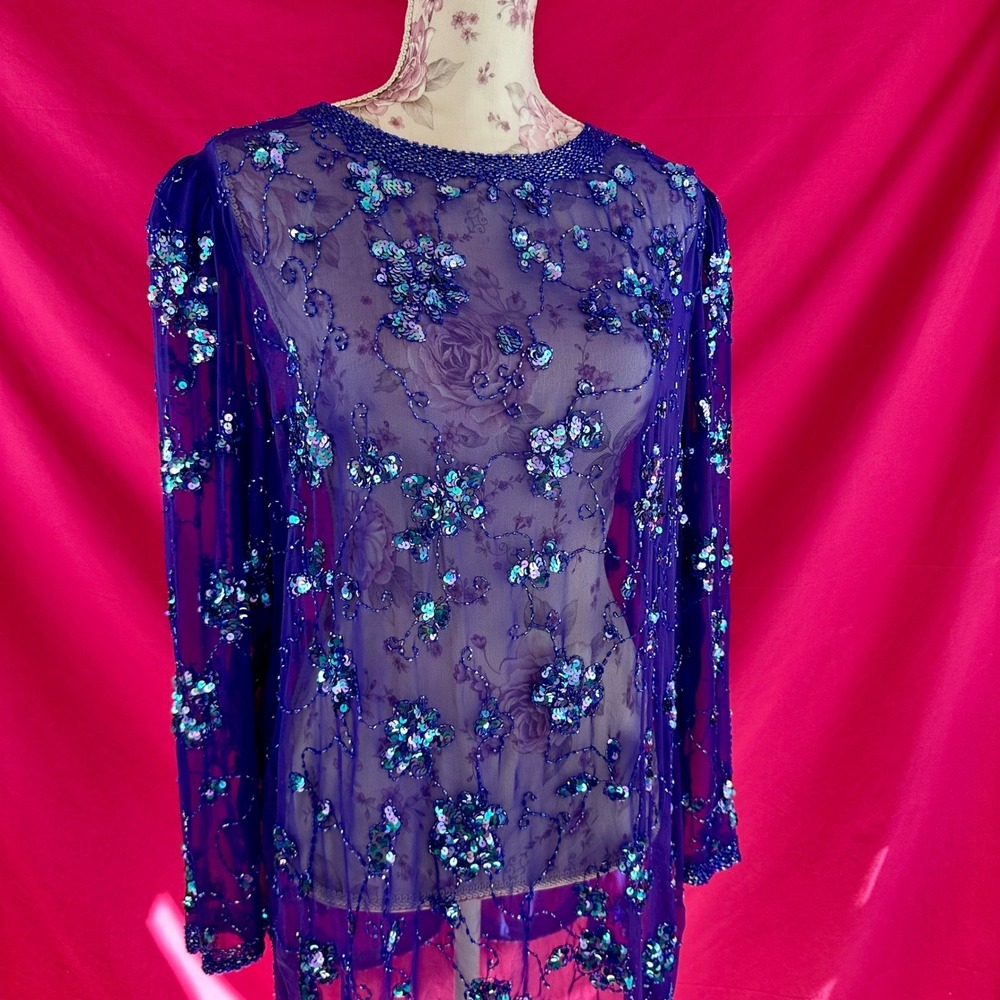 Sequin Beaded Sheer Purple Tunic Top XL Vintage Y2K Lillie Rubin‎ Glam Party - Picture 9 of 17